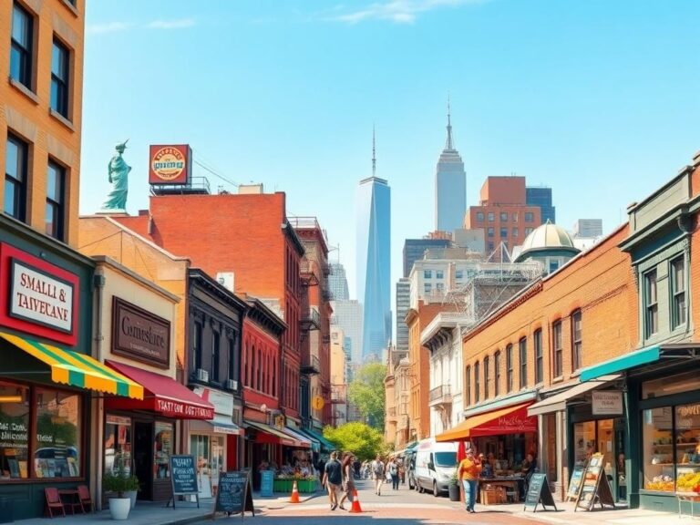Flick International Vibrant New York City street featuring small businesses and a prominent skyline.
