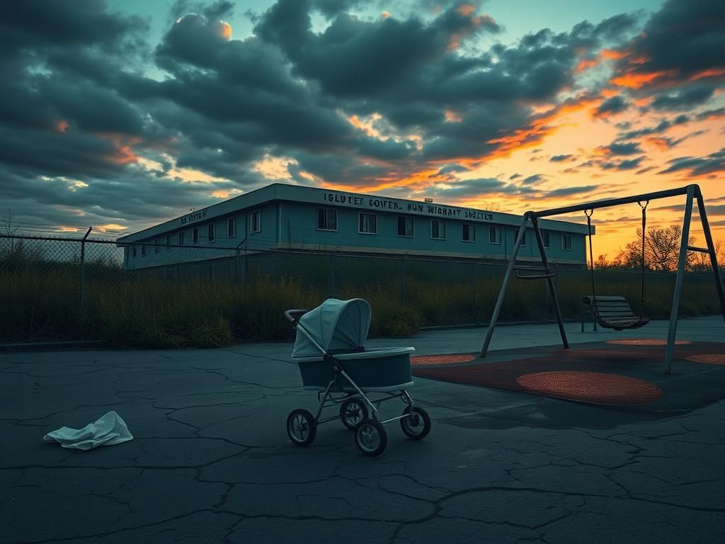 Flick International A desolate government-run migrant shelter at dusk, highlighting neglect and despair.