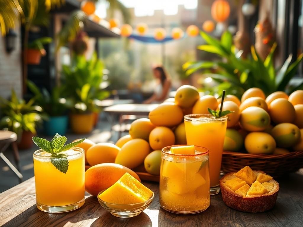 Flick International Vibrant array of ripe mangoes on a rustic wooden table in a Miami restaurant patio
