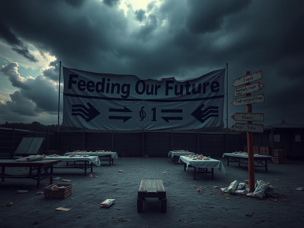 Flick International Abandoned food distribution site with empty tables and discarded packaging symbolizing COVID fraud impact