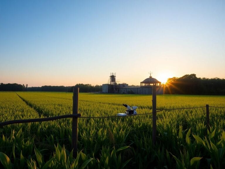 Flick International A tranquil agricultural landscape with a vast field of crops under a bright blue sky and a weathered wooden fence separating it from a dilapidated research facility.