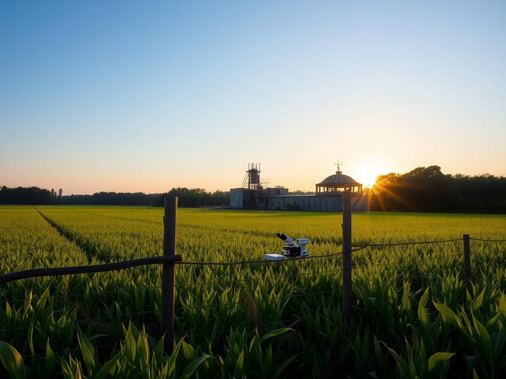 Flick International A tranquil agricultural landscape with a vast field of crops under a bright blue sky and a weathered wooden fence separating it from a dilapidated research facility.