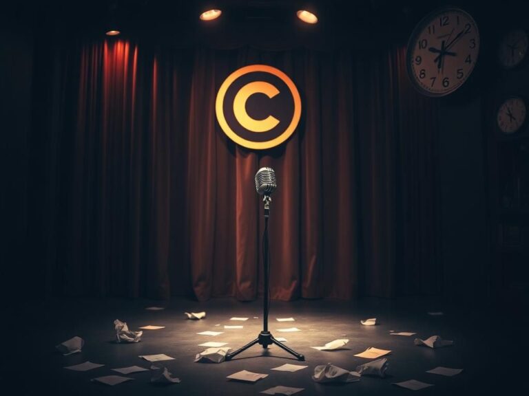 Flick International A dimly lit comedy club stage with a vintage microphone and faded Comedy Central logo