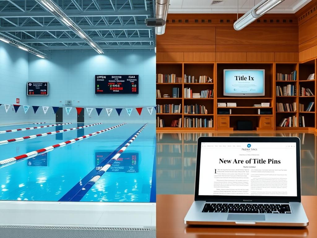 Flick International Split-scene image of a pristine swimming pool and a university administrative office showcasing the contrast between competitive swimming and governance