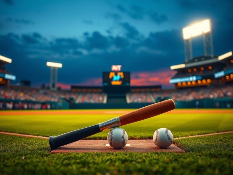 Flick International A vibrant baseball field scene at twilight with glowing stadium lights