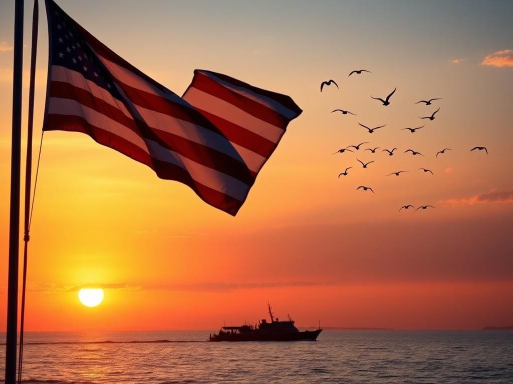Flick International A serene sunset over the U.S. shoreline with an American flag symbolizing hope and freedom
