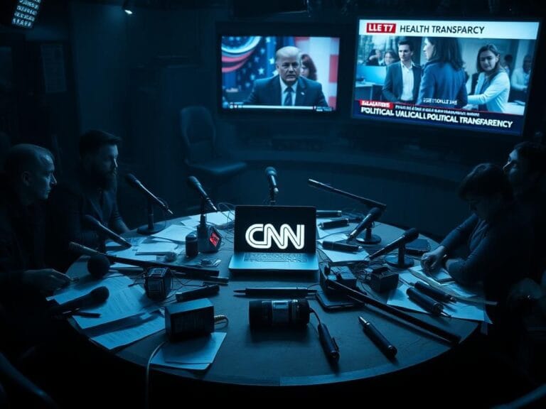 Flick International Chaotic newsroom scene during CNN discussion on Trump's health