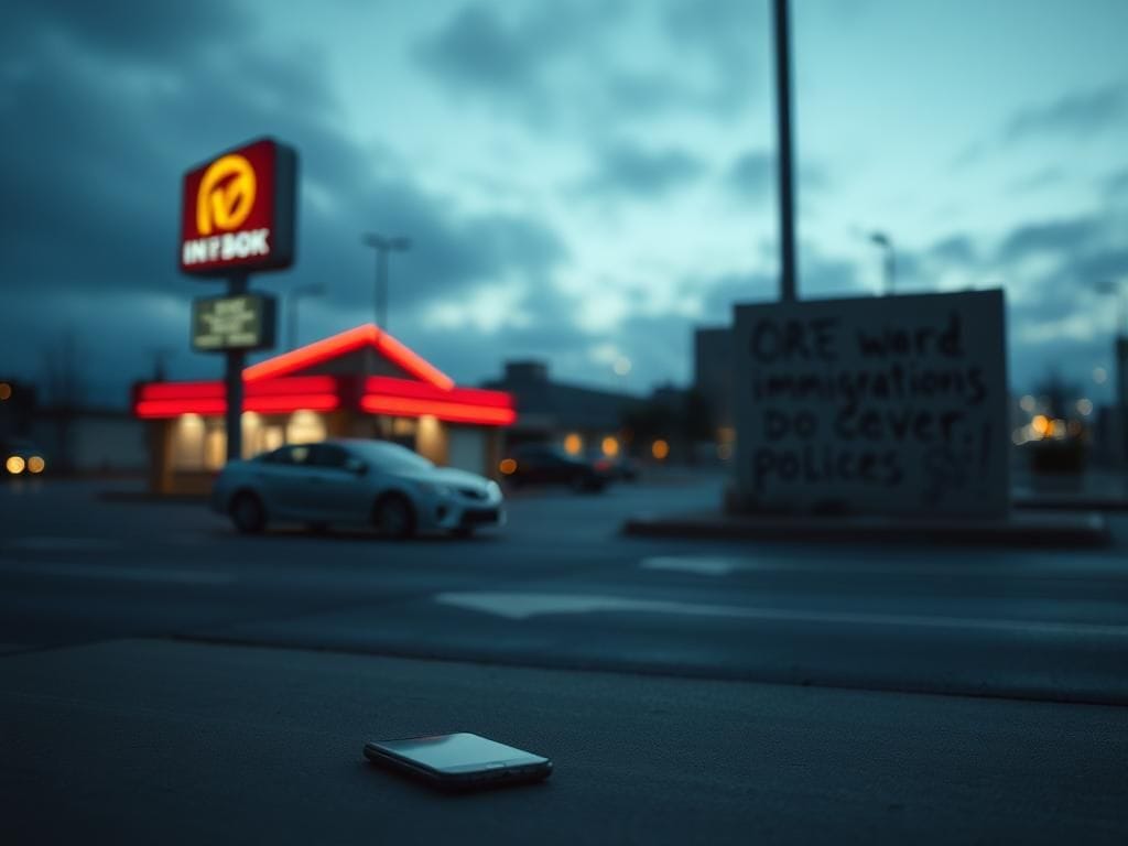 Flick International Somber urban landscape at dusk with a discarded cell phone symbolizing lost communication