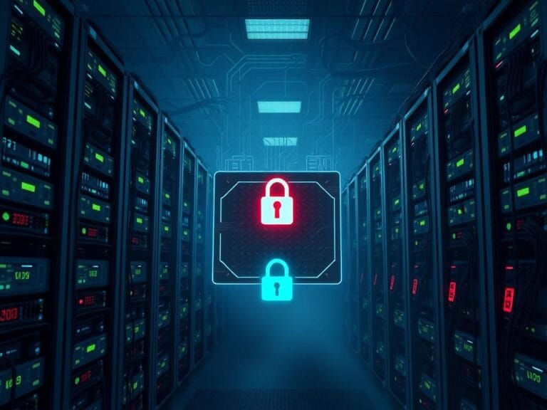 Flick International A high-tech data center with glowing server racks and a caution symbol on a digital screen representing cybersecurity concerns.