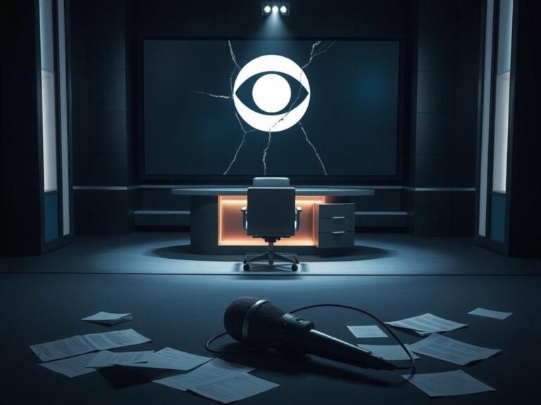 Flick International Dimly lit television studio set symbolizing the absence of 'The Late Show with Stephen Colbert'