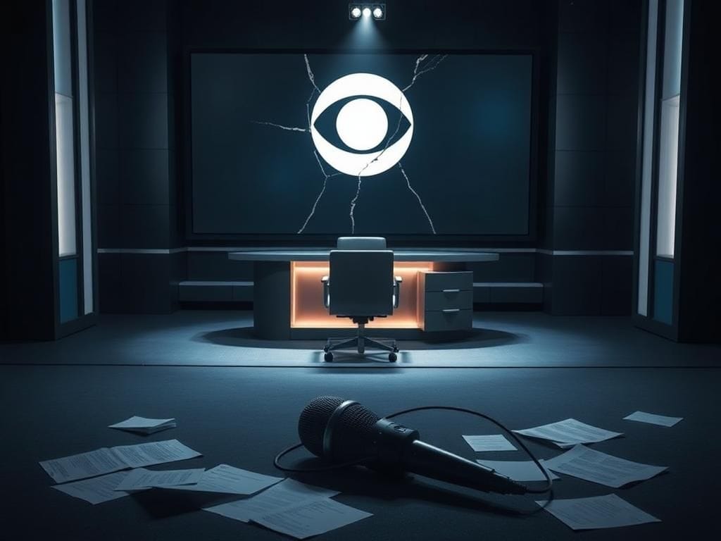 Flick International Dimly lit television studio set symbolizing the absence of 'The Late Show with Stephen Colbert'