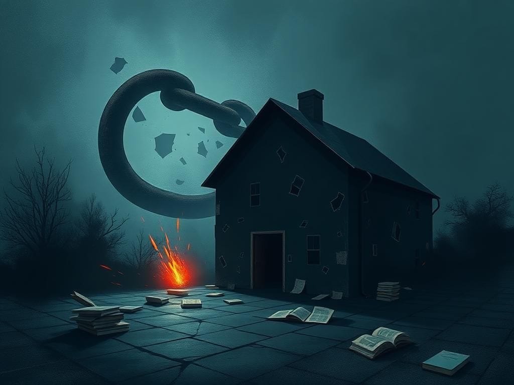 Flick International A broken schoolhouse symbolizes disruption in the education system