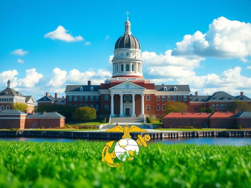 Flick International Aerial view of the U.S. Naval Academy campus in Annapolis, Maryland