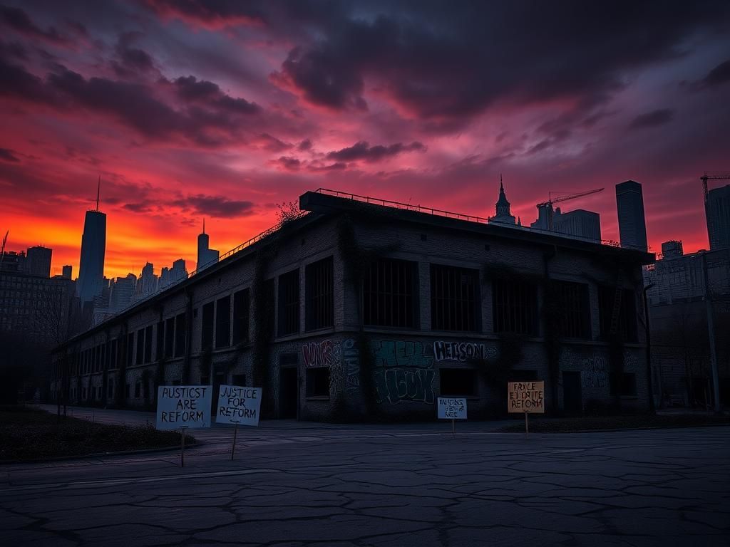 Flick International Urban landscape of New York City at dusk with an empty prison building in the foreground