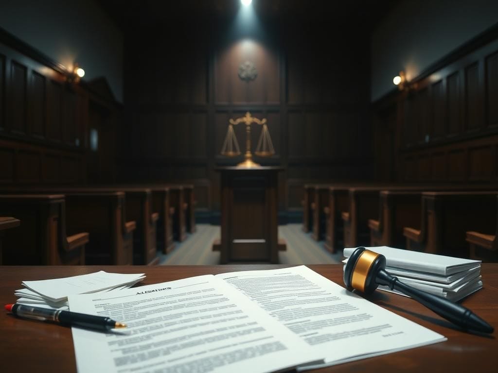 Flick International Empty courtroom with a judge's gavel, symbolizing legal proceedings