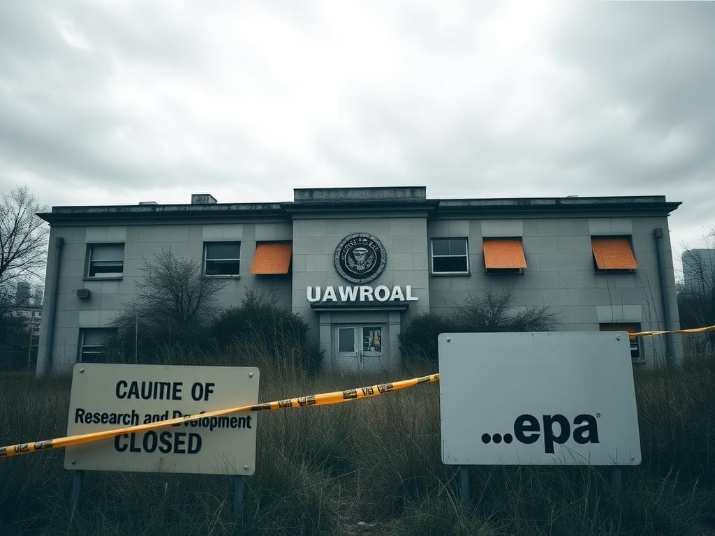 Flick International Abandoned EPA research office with boarded-up windows and overgrown weeds