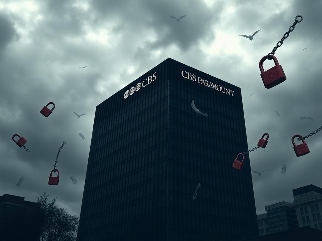Flick International Dark corporate building of CBS and Paramount against stormy sky symbolizing media control