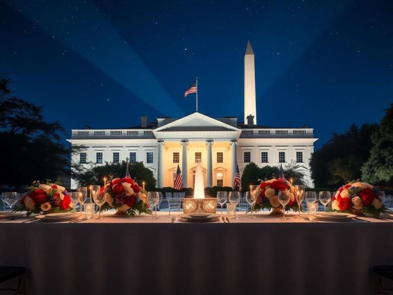 Flick International A nighttime view of the White House with a beautifully set dinner table in the foreground, symbolizing a patriotic celebration.