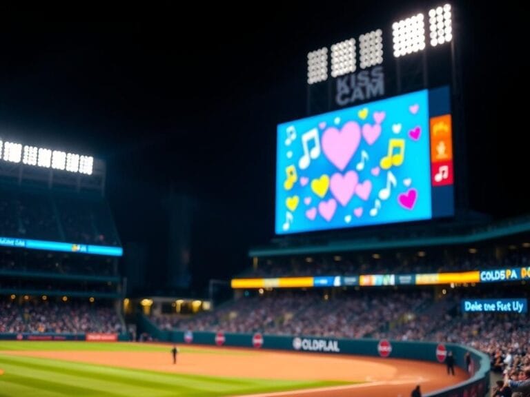 Flick International Vibrant jumbotron at a baseball stadium featuring Coldplay motif and whimsical graphics