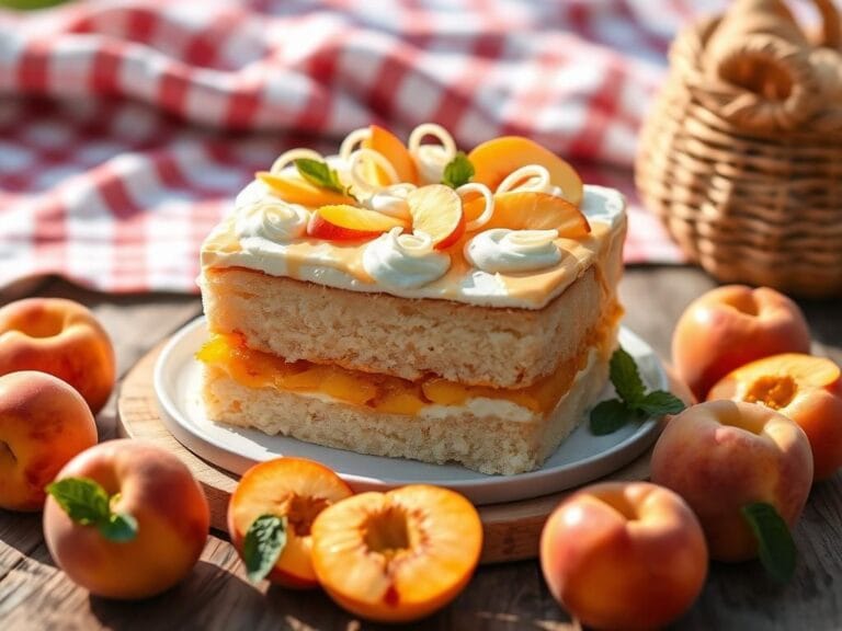 Flick International A beautifully arranged Kirkland Signature 'Peaches and Cream Bar Cake' on a rustic wooden table, showcasing its layers and fresh ingredients.