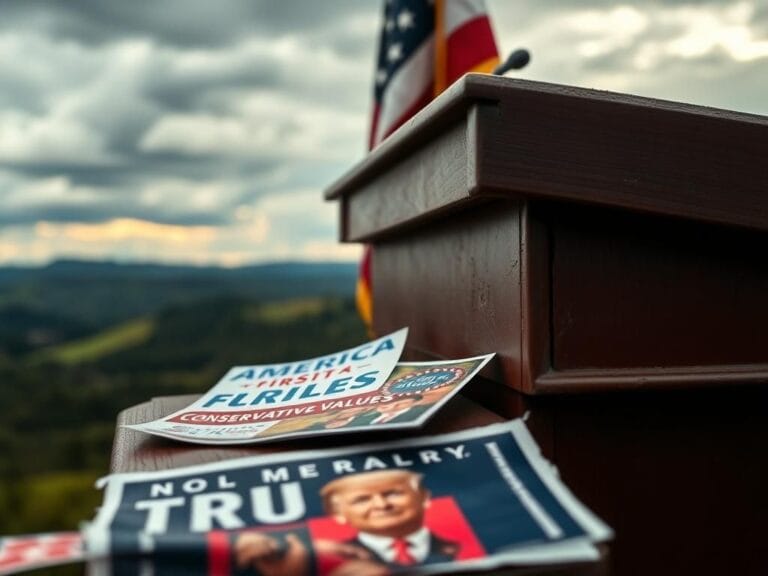 Flick International Close-up view of a weathered U.S. Senate podium adorned with the American flag, symbolizing political ambition and rivalry