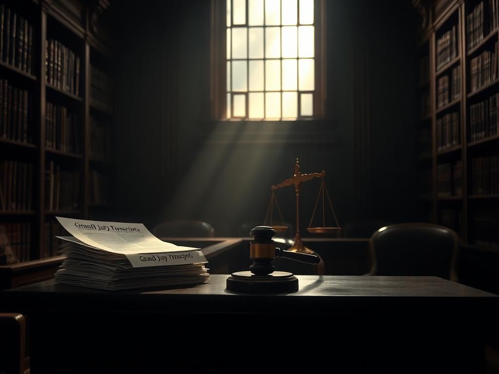 Flick International Dimly lit courtroom with judge's bench and sealed grand jury transcripts