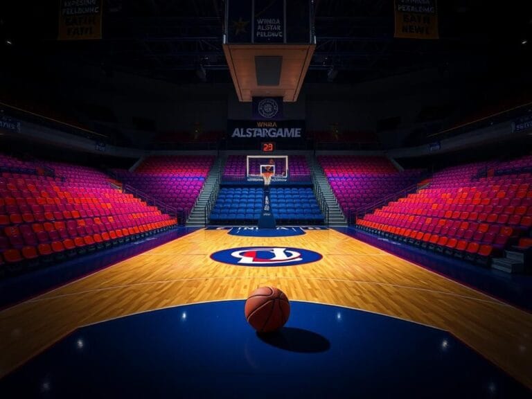 Flick International Empty basketball court at Gainbridge Fieldhouse with WNBA logo and lone basketball symbolizing missed opportunities