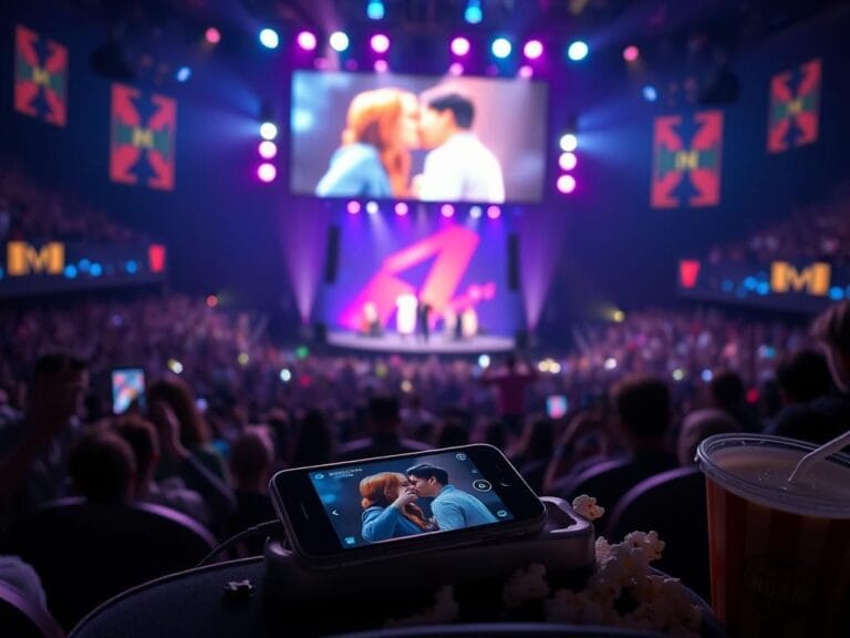 Flick International Dimly lit concert scene showcasing a vibrant jumbotron with a 'Kiss Cam' moment and excited fans