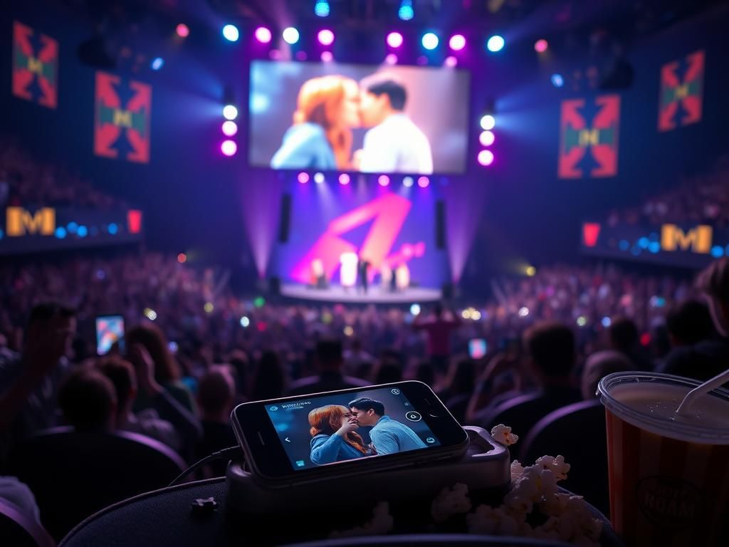Flick International Dimly lit concert scene showcasing a vibrant jumbotron with a 'Kiss Cam' moment and excited fans