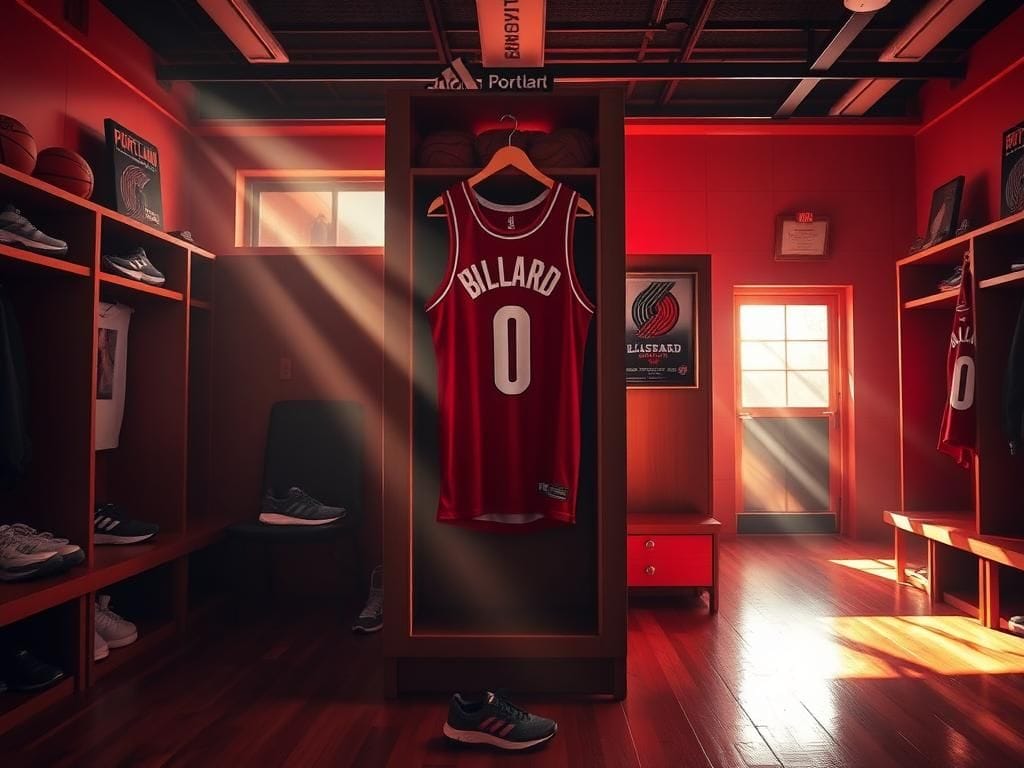 Flick International Damian Lillard's No. 0 jersey hanging in an empty Portland Trail Blazers locker room