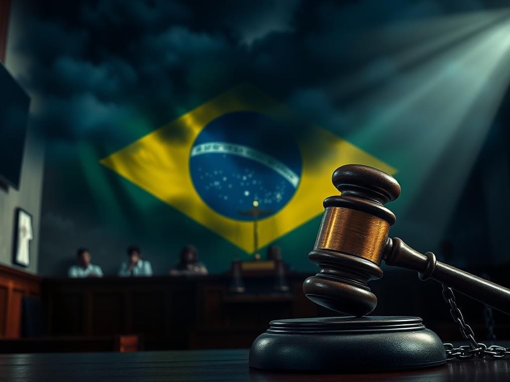 Flick International Dramatic Brazilian courtroom scene illustrating political turmoil