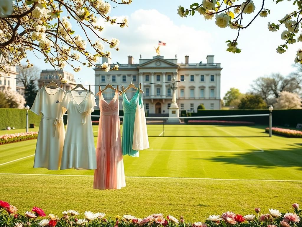 Flick International A vibrant outdoor scene at Buckingham Palace showcasing the modernized royal tennis court with colorful attire hanging in the foreground