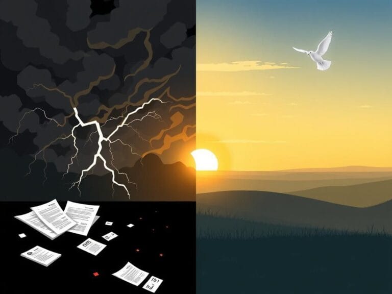 Flick International A split-image scene depicting a dark, stormy sky on the left symbolizing political discord and a calm sunrise on the right representing a ceasefire.