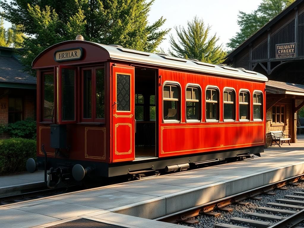 Flick International A beautifully restored vintage 1895 railway carriage set against a decommissioned railway station