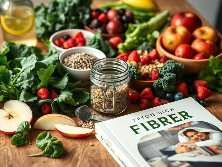 Flick International A close-up of various fiber-rich foods on a wooden kitchen table, including leafy greens, colorful fruits, nuts, and seeds.