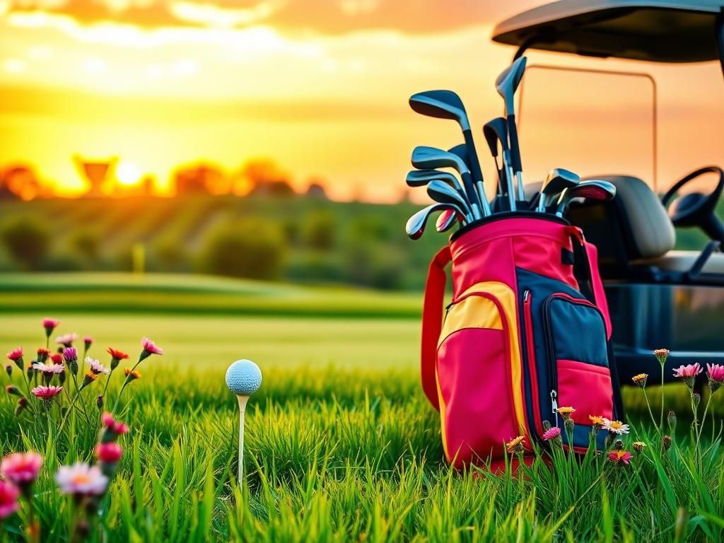 Flick International Vibrant golf course scene at sunset with colorful golf bag and clubs