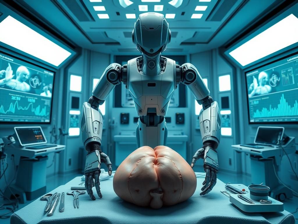 Flick International Autonomous surgical robot poised over anatomical model in high-tech surgical room