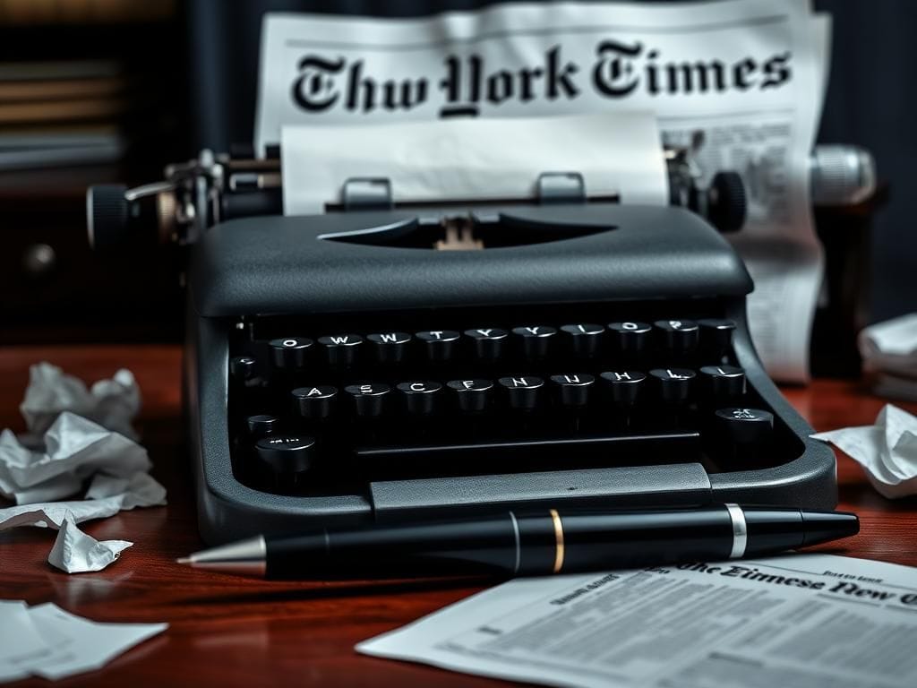 Flick International Close-up of a vintage typewriter on a polished wooden desk representing media tension