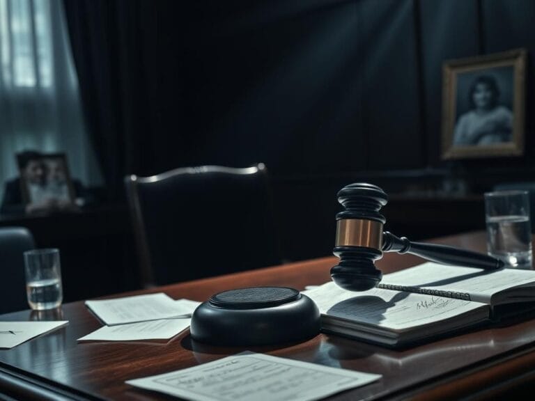 Flick International Dimly lit courtroom scene with an empty chair and scattered documents symbolizing justice