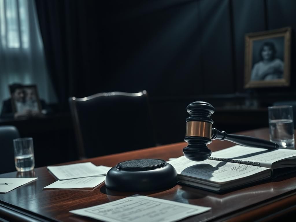Flick International Dimly lit courtroom scene with an empty chair and scattered documents symbolizing justice