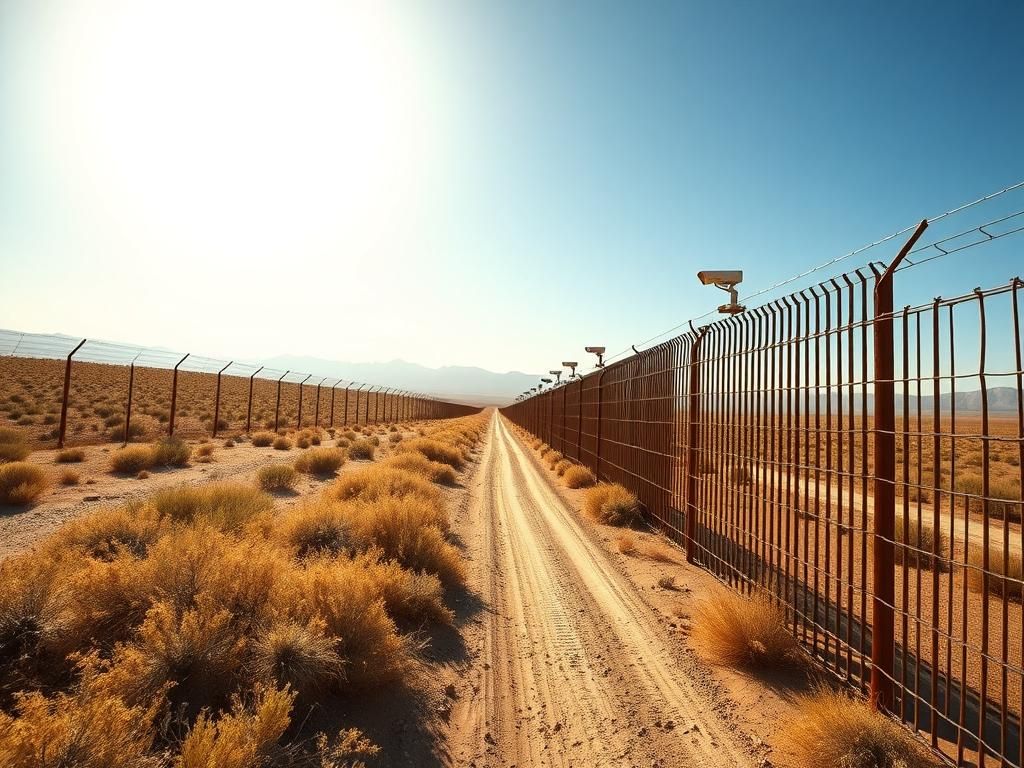 Flick International Wide-angle view of the US-Mexico border fence in a desert landscape