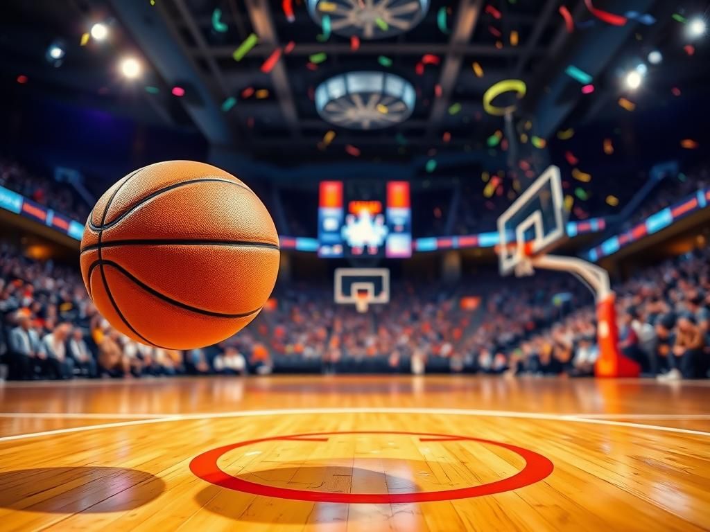 Flick International Close-up of a basketball mid-air towards a hoop in a vibrant arena scene