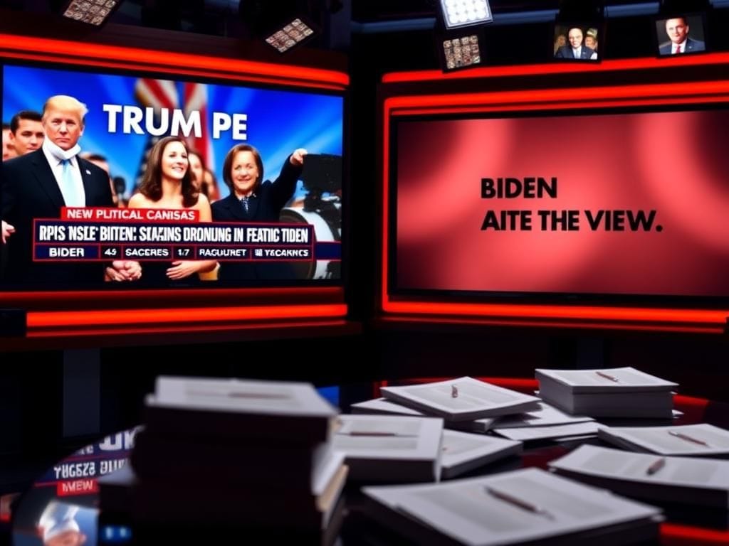 Flick International A television news studio depicting contrasting headlines about political scandals, with vibrant visuals for Trump-related issues and muted tones for Biden's aides.