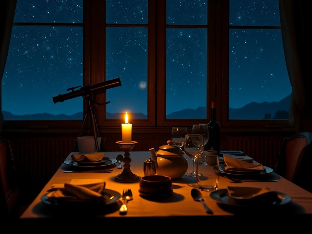 Flick International Intimate dining table set for a last supper with Johnny Carson, featuring elegant tableware and a flickering candle.