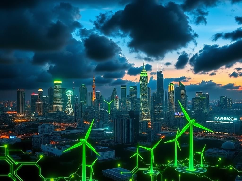 Flick International Futuristic city skyline with neon lights and abstract electric circuits