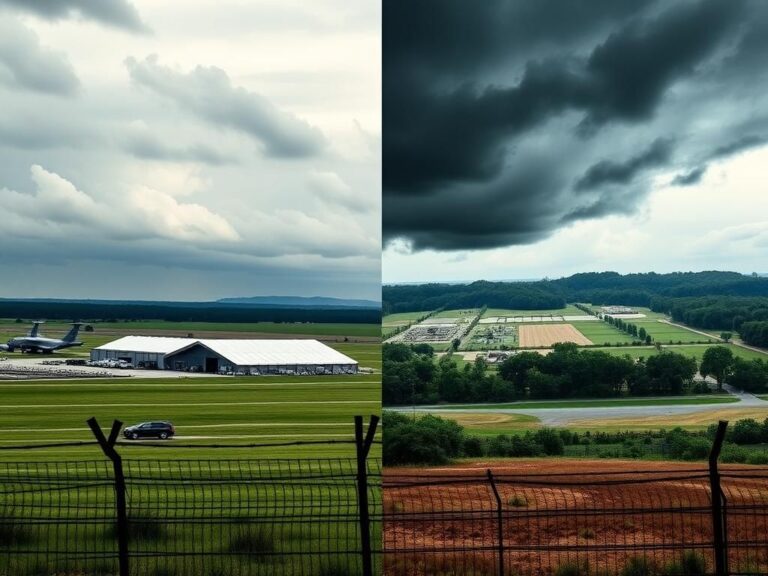 Flick International A split view of Joint Base McGuire-Dix-Lakehurst and Camp Atterbury illustrating military bases housing illegal migrants