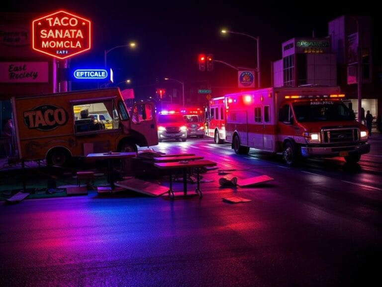 Flick International Aftermath of a vehicular incident in East Hollywood with a damaged taco truck and overturned tables