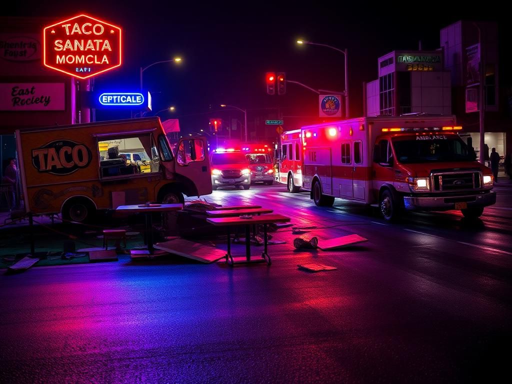 Flick International Aftermath of a vehicular incident in East Hollywood with a damaged taco truck and overturned tables