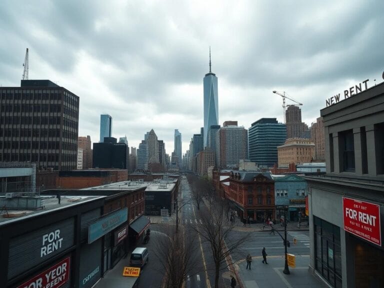 Flick International Aerial view of New York City showcasing business districts and 'For Rent' signs