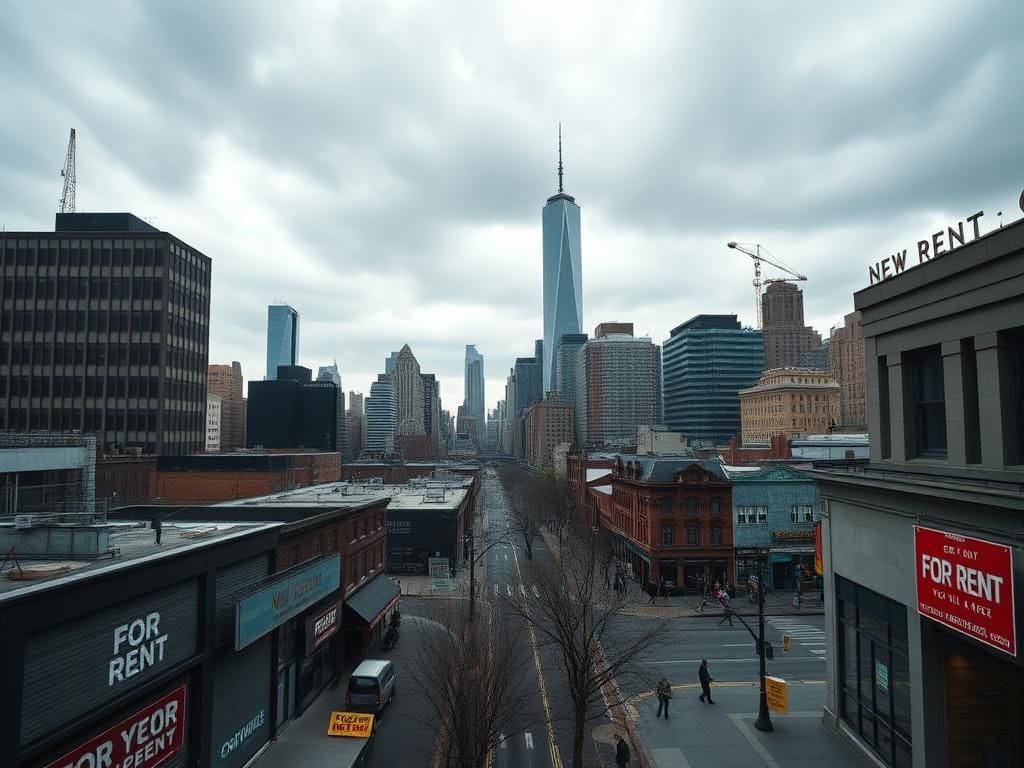 Flick International Aerial view of New York City showcasing business districts and 'For Rent' signs